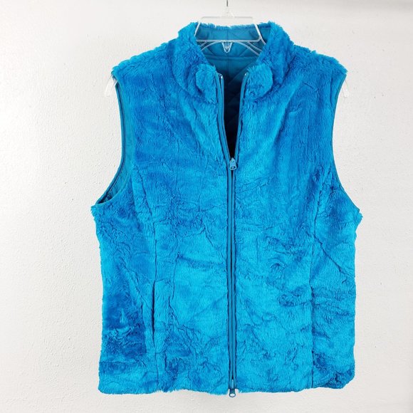 Women's Turquoise Lined Faux Fur Full Zip Inner Outer Pockets Jacket Coat Vest - Picture 12 of 12
